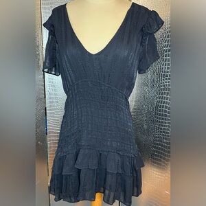 LoveShackFancy Navy Blue Viscose Ruffled Short Sleeve V-Neck Mini Dress